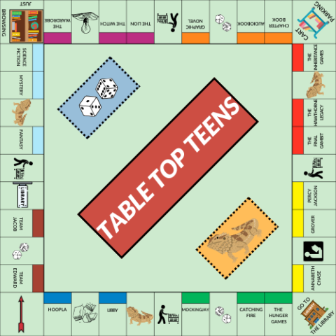 a library themed Monopoly board that says table top teens