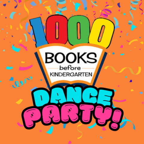 Text says "100 Books Before Kindergarten Dance Party!" Orange background with blue, yellow, pink, and purple confetti. 