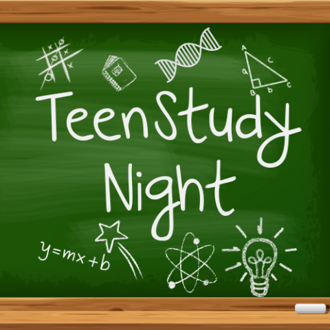 a chalk board drawn on with different math problems, sketches, and science symbols. says "Teen Study Night" 