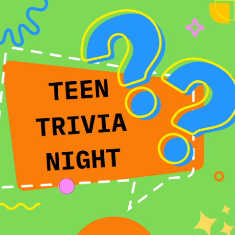 Text says "teen trivia night." bright colors with various abstract shapes.