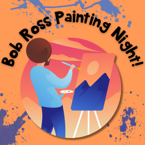 There's an image of a cartoon man that looks like Bob Ross standing in front of an easel. Behind the image there are paint splatters. Text says "Bob Ross Painting Night!"