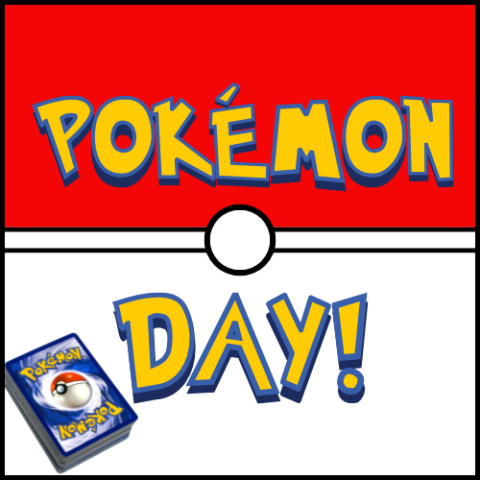 Red and white background made to look like a pokeball. A deck of Pokémon cards. Text says "Pokémon Day!"