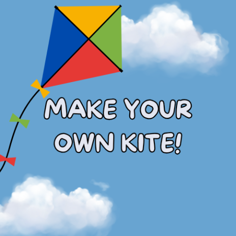 a blue background. There are clouds and a kite that is blue, red, yellow, and green. The text says "Make your own kite!"