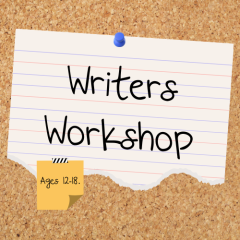 a cork board with a piece of paper on it that says "Writers Workshop." There is also a post-it note on the paper that says "Ages 12-18."