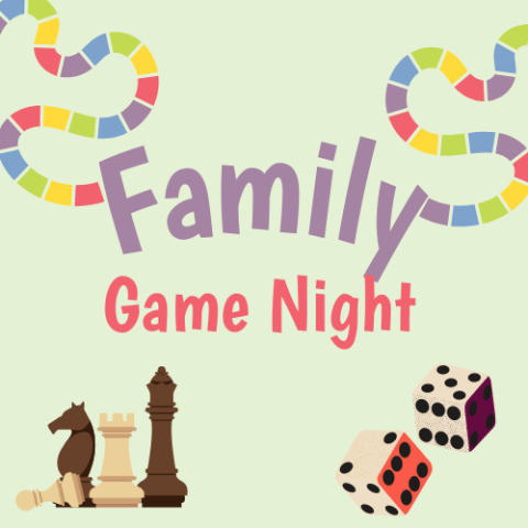 a colorful game path leads into the text "Family Game Night." In the bottom left corner there are chess pieces, and in the bottom right there are two dice. 