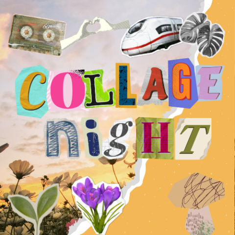 A hodge podge of items. Text that says "Collage Night"