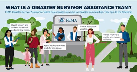 Several people meeting with FEMA representatives at a booth in a park.